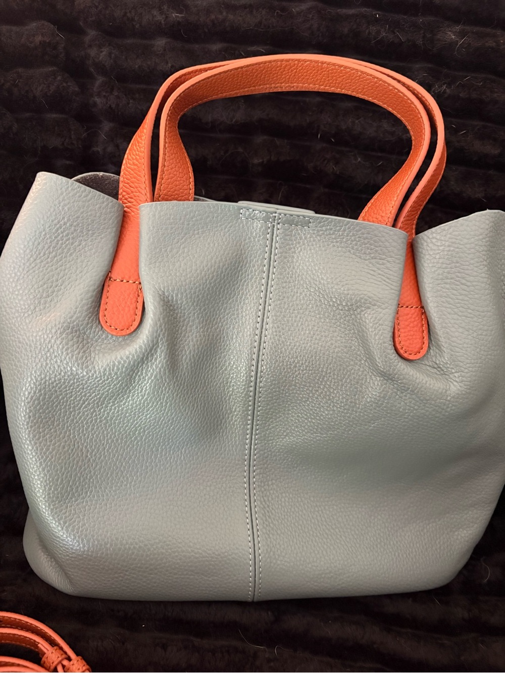 No name Leather Two-Tone Tote Bag - Light Blue with Orange Handles